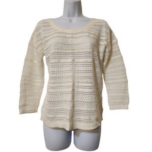 Ann Taylor LOFT White Open Knit 3/4 Sleeve Button Back Sweater Size S